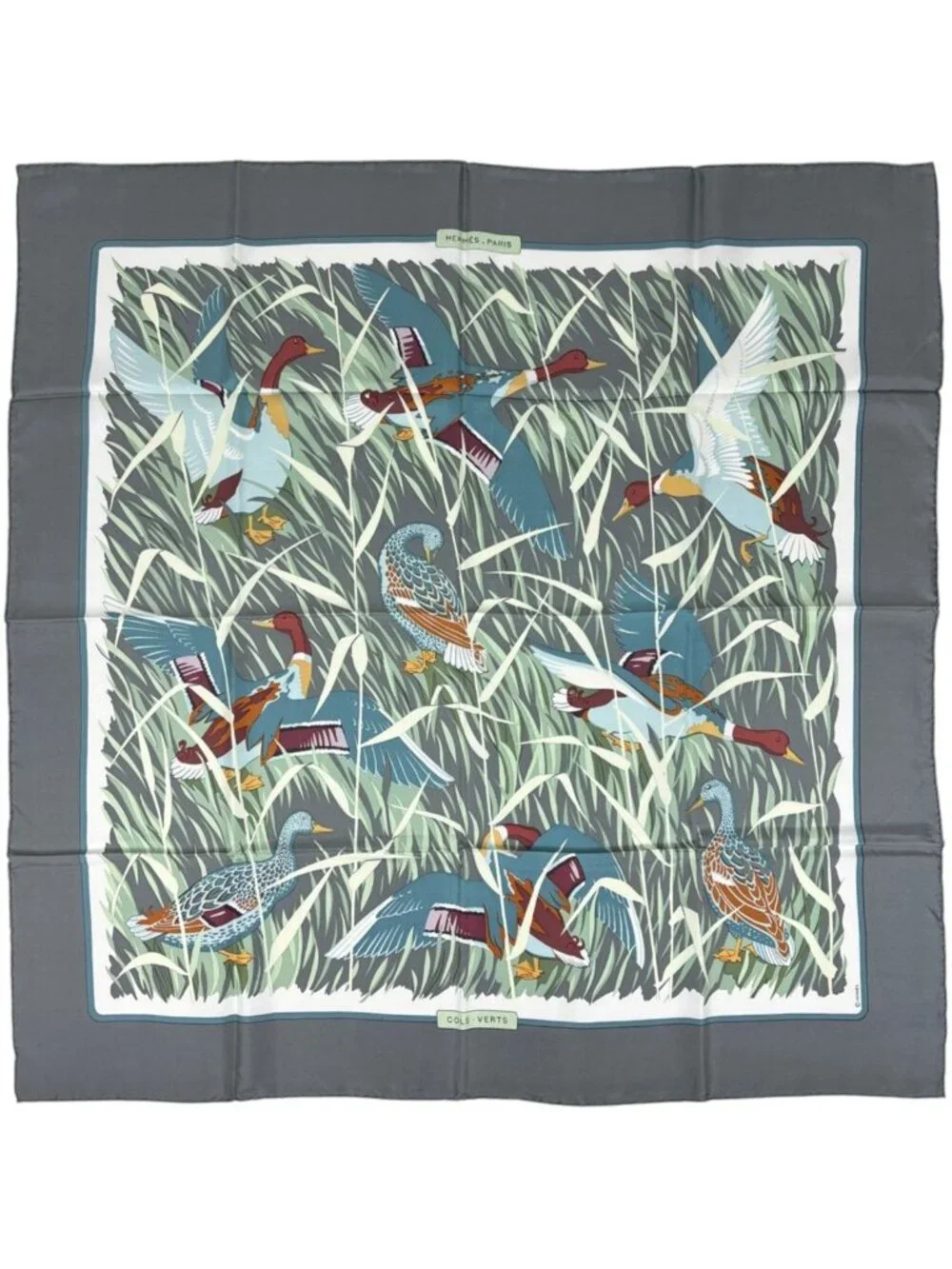 Hermes Carre 90 Cols Verts Scarf Mallard Silk Gray Multicolor